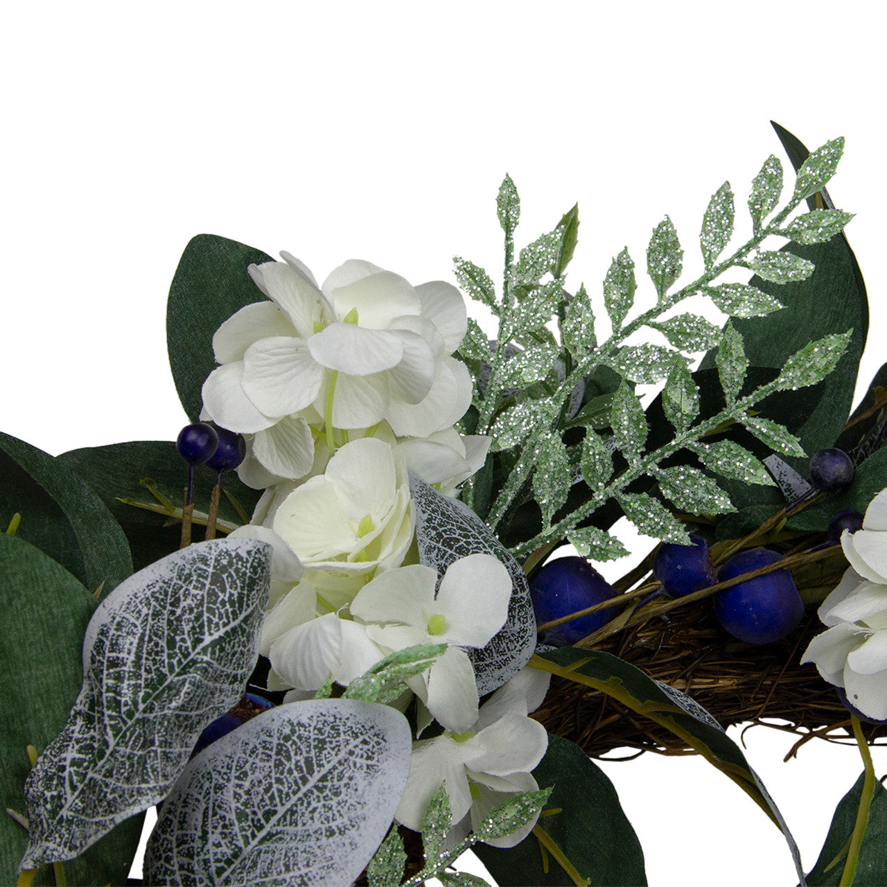 Iced Hydrangeas, Blueberries, and Foliage Artificial Christmas Wreath - 26 Inch, Unlit