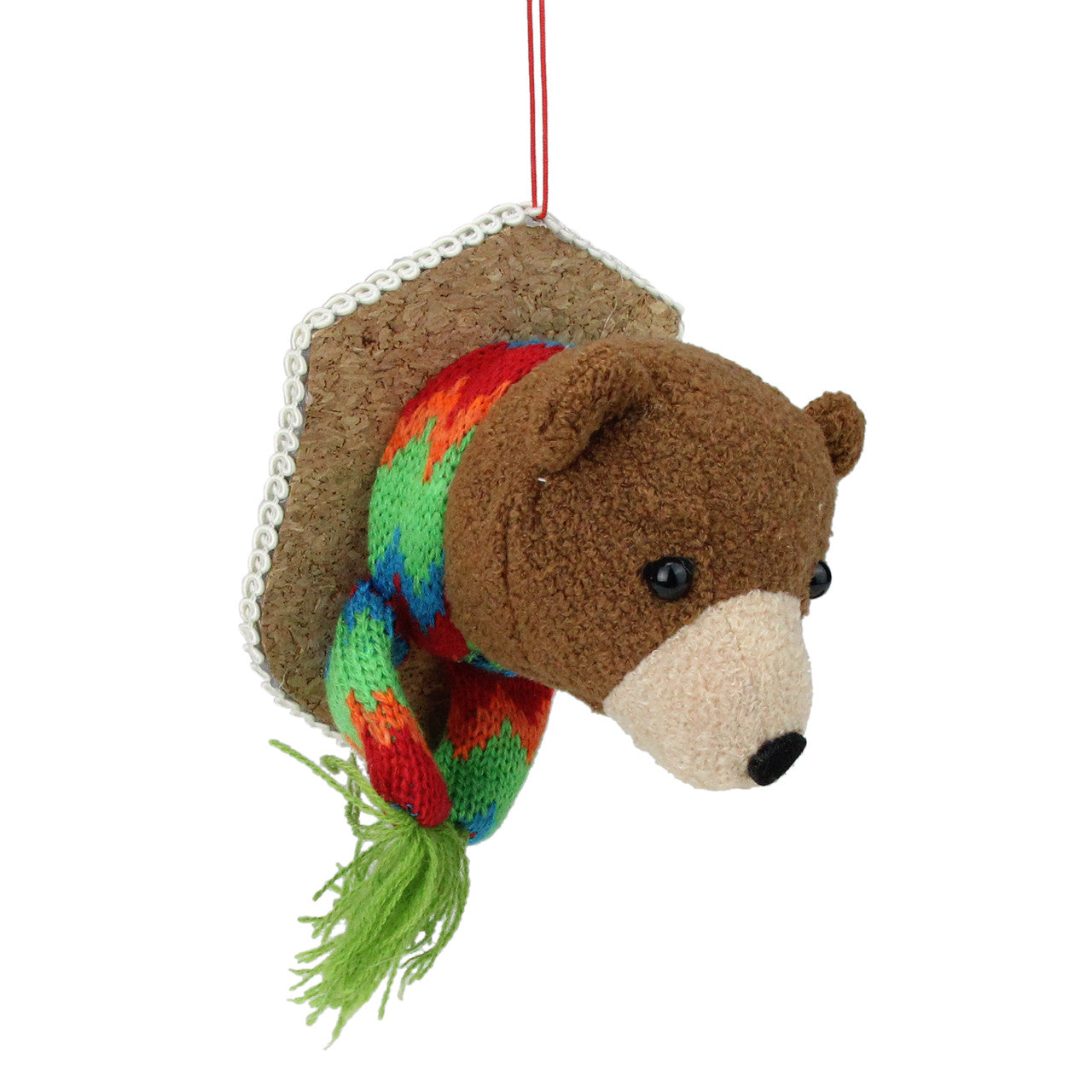 5" Brown and Green Stuffed Bear Head Christmas Ornament