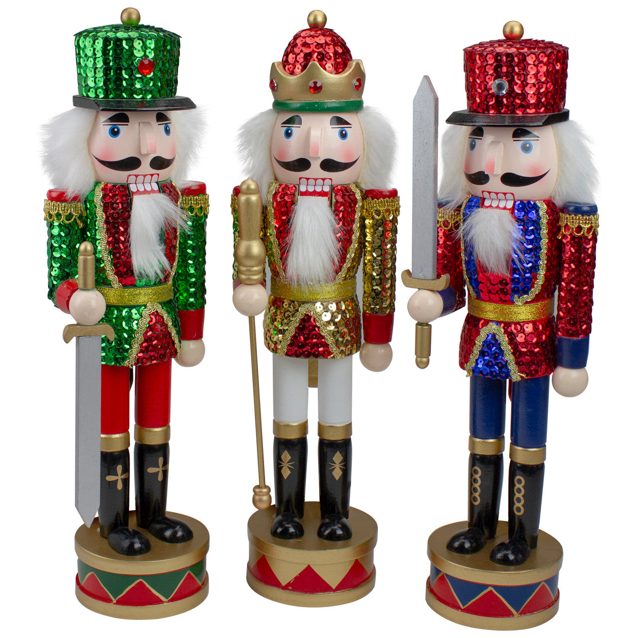 Set of 3 Red Sequin Jacket Wooden Christmas Nutcrackers 14.25"