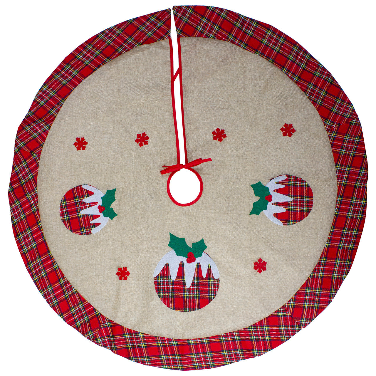 48" Burlap Plaid Tree Skirt with Christmas Puddings