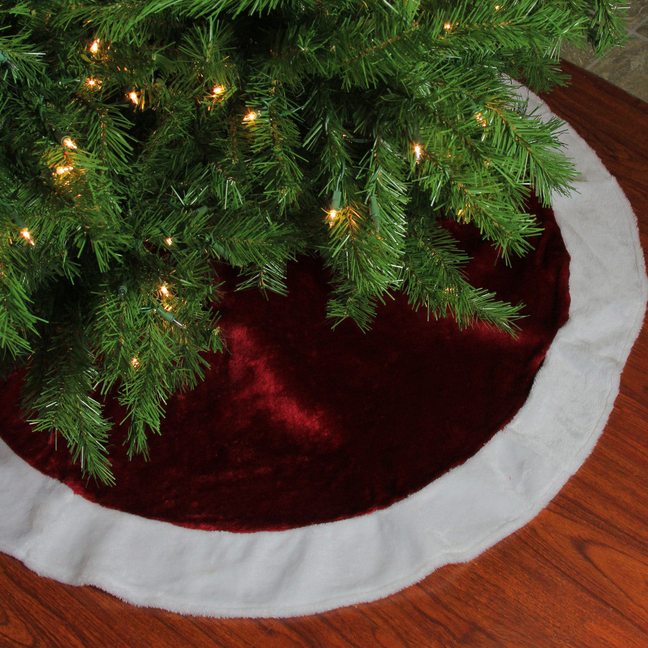 48" White and Burgundy Plush Christmas Tree Skirt