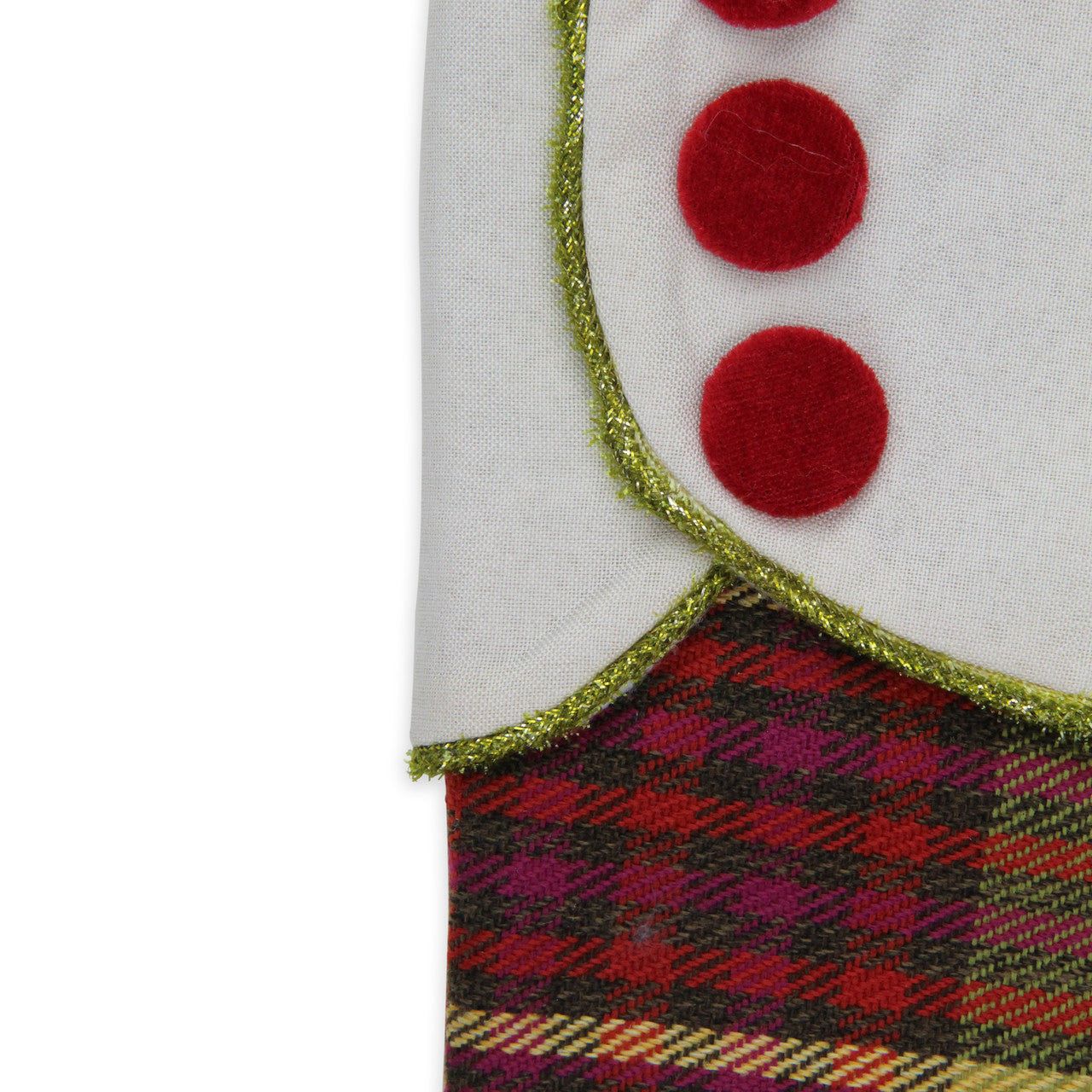 19" Multi-Color Plaid Christmas Stocking with Green and Yellow Trim and Red Buttons