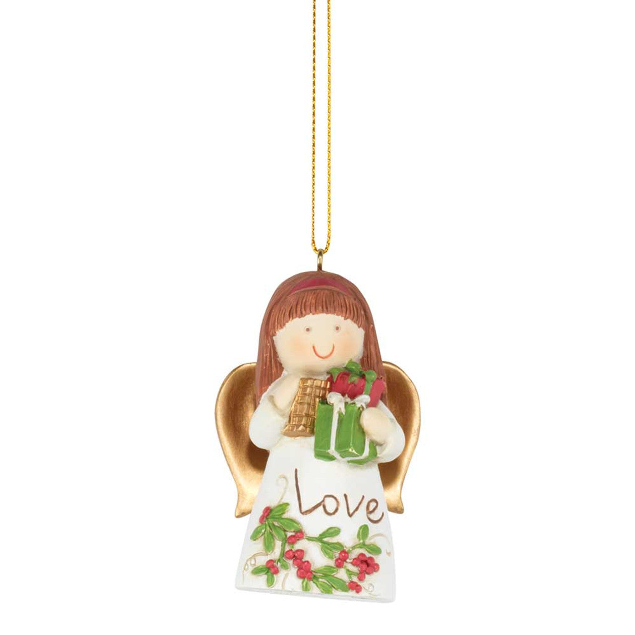 2.5" White and Green Angel with Gift Box Christmas Ornament