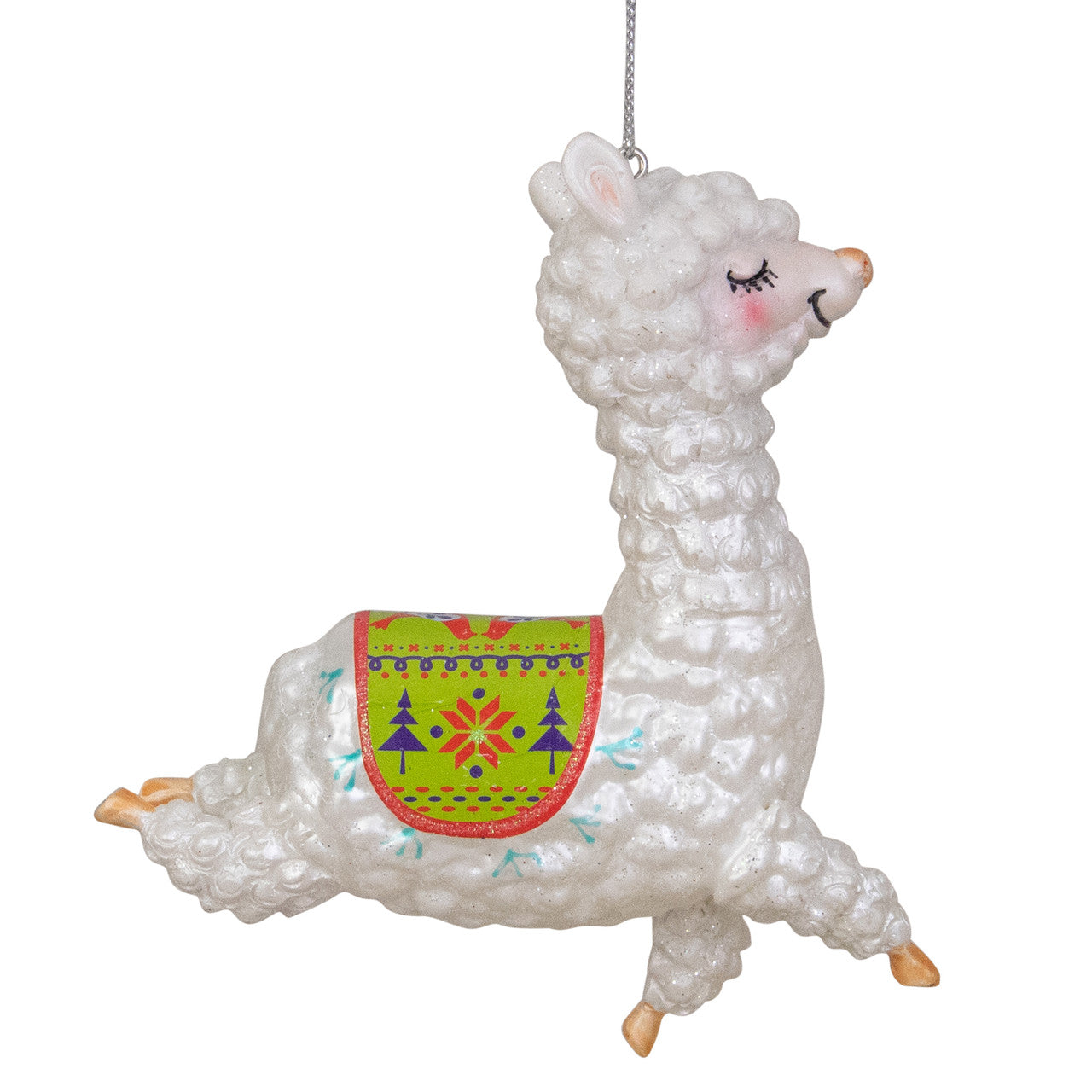 5" White and Green Glittered Regal Jumping Llama Glass Christmas Ornament