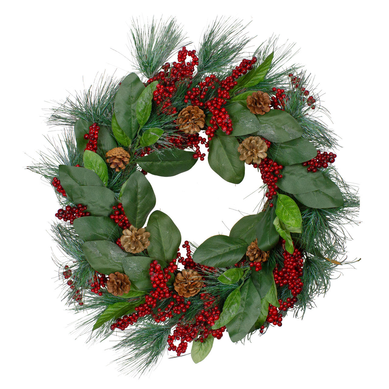 Leaves, Berry and Pine Needle Artificial Christmas Wreath - 24-Inch, Unlit