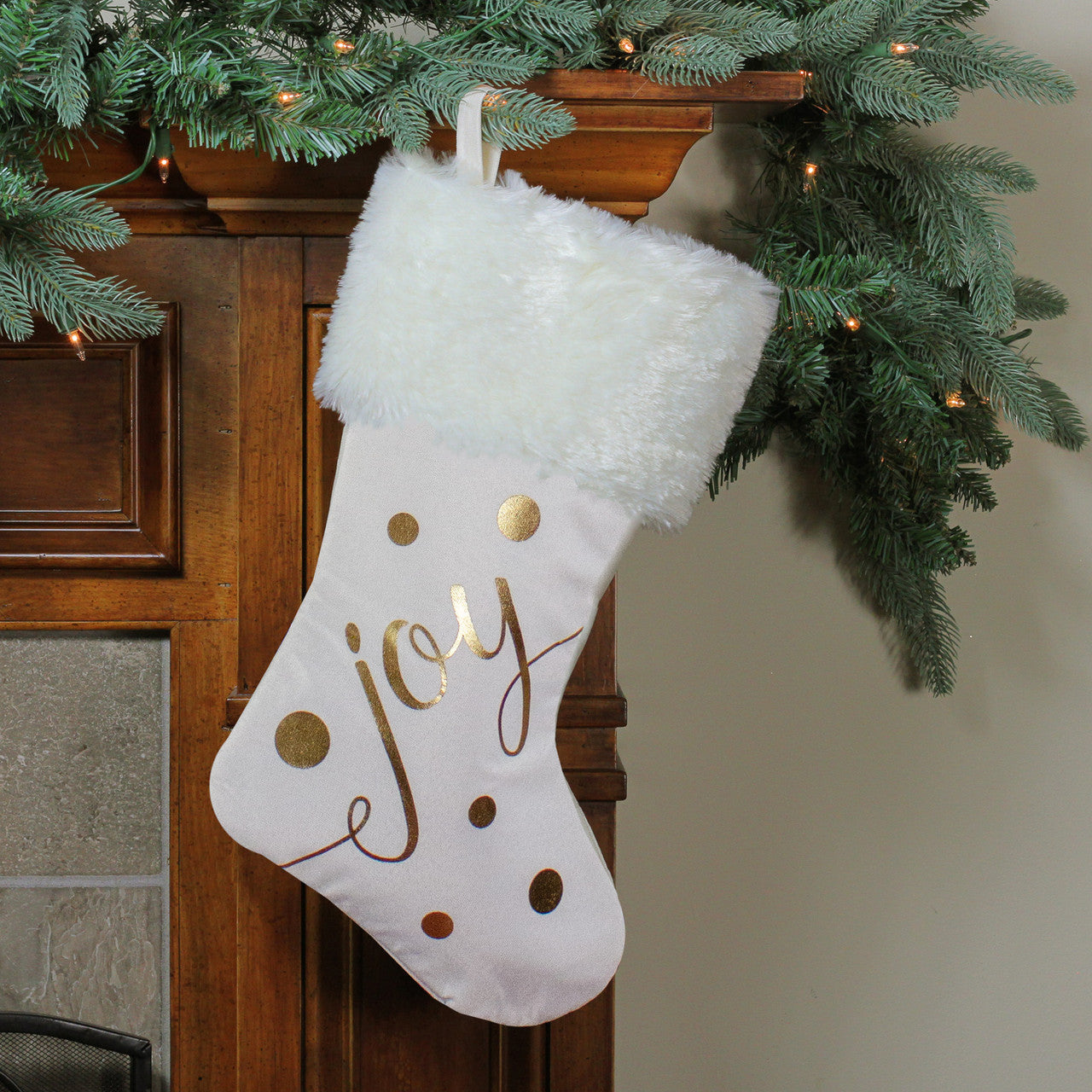 19" Ivory White and Gold "Joy" Christmas Stocking with White Faux Fur Cuff