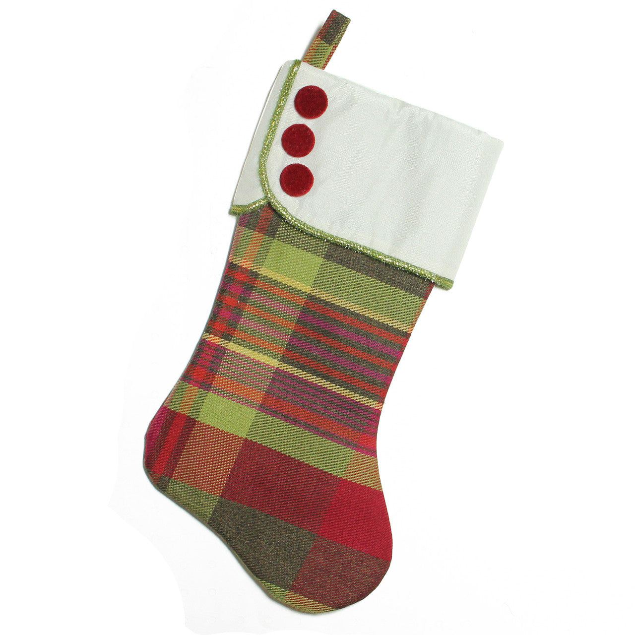 19" Multi-Color Plaid Christmas Stocking with Green and Yellow Trim and Red Buttons