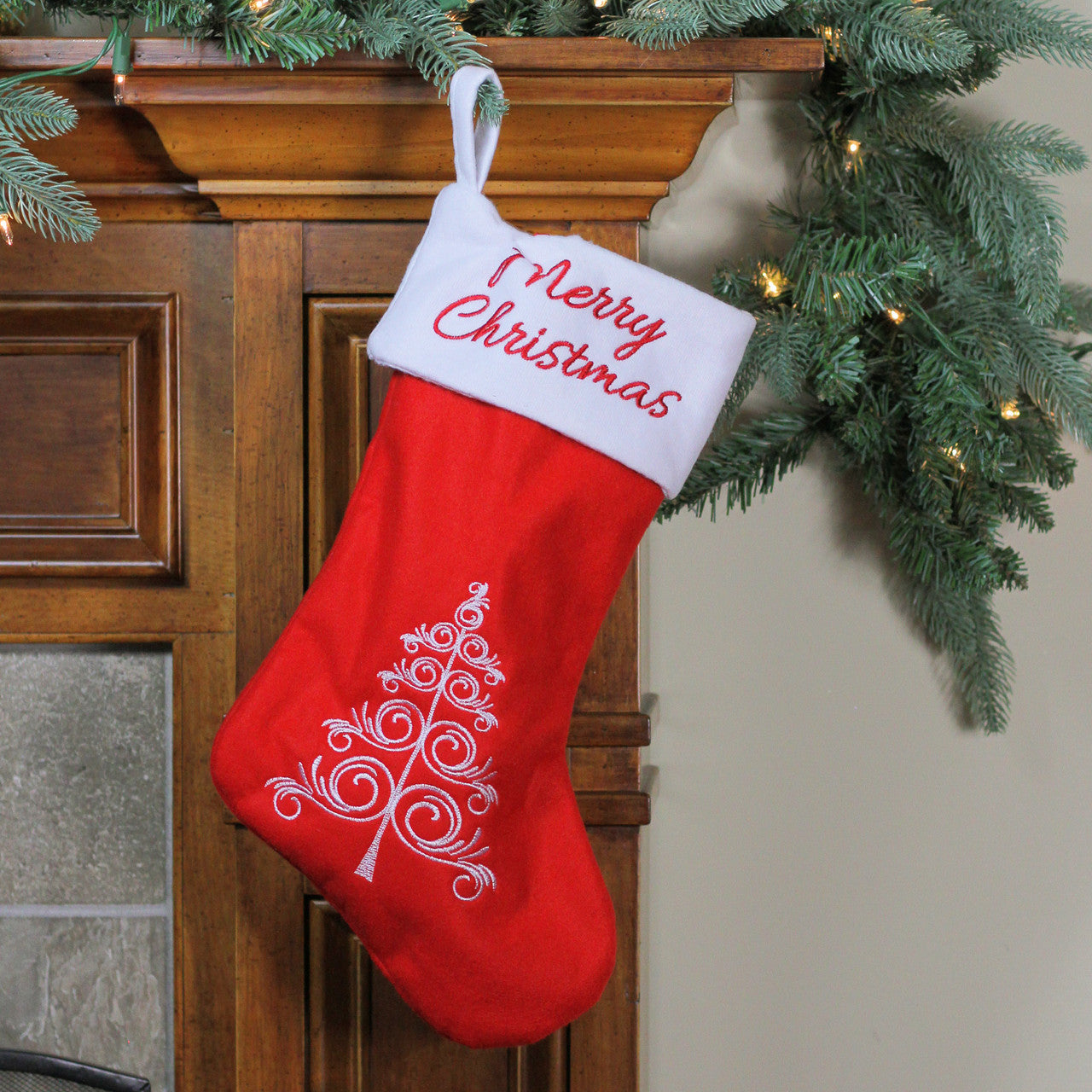 15.75" Red and White Merry Christmas Tree Stocking with Cuff