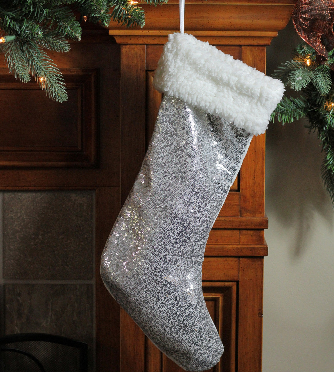 18" Silver Sequins With a White Faux Fur Trim Christmas Stocking