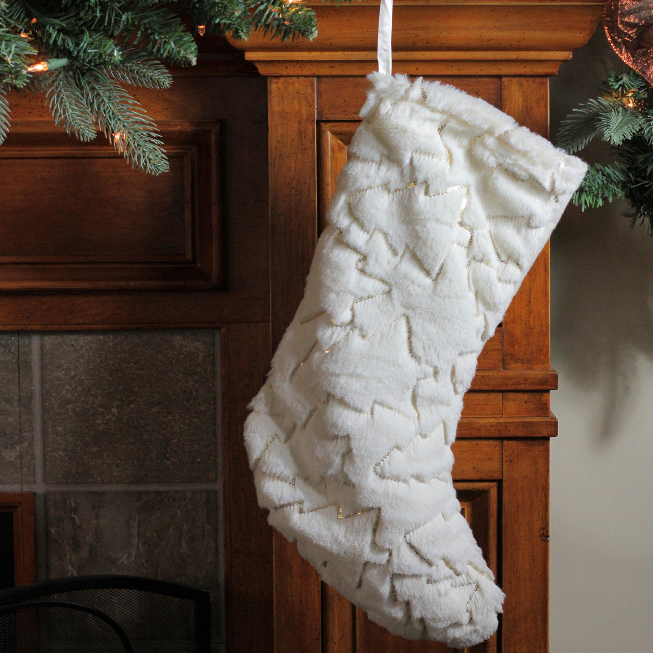 18" White and Gold Christmas Stocking with Sequined Trees