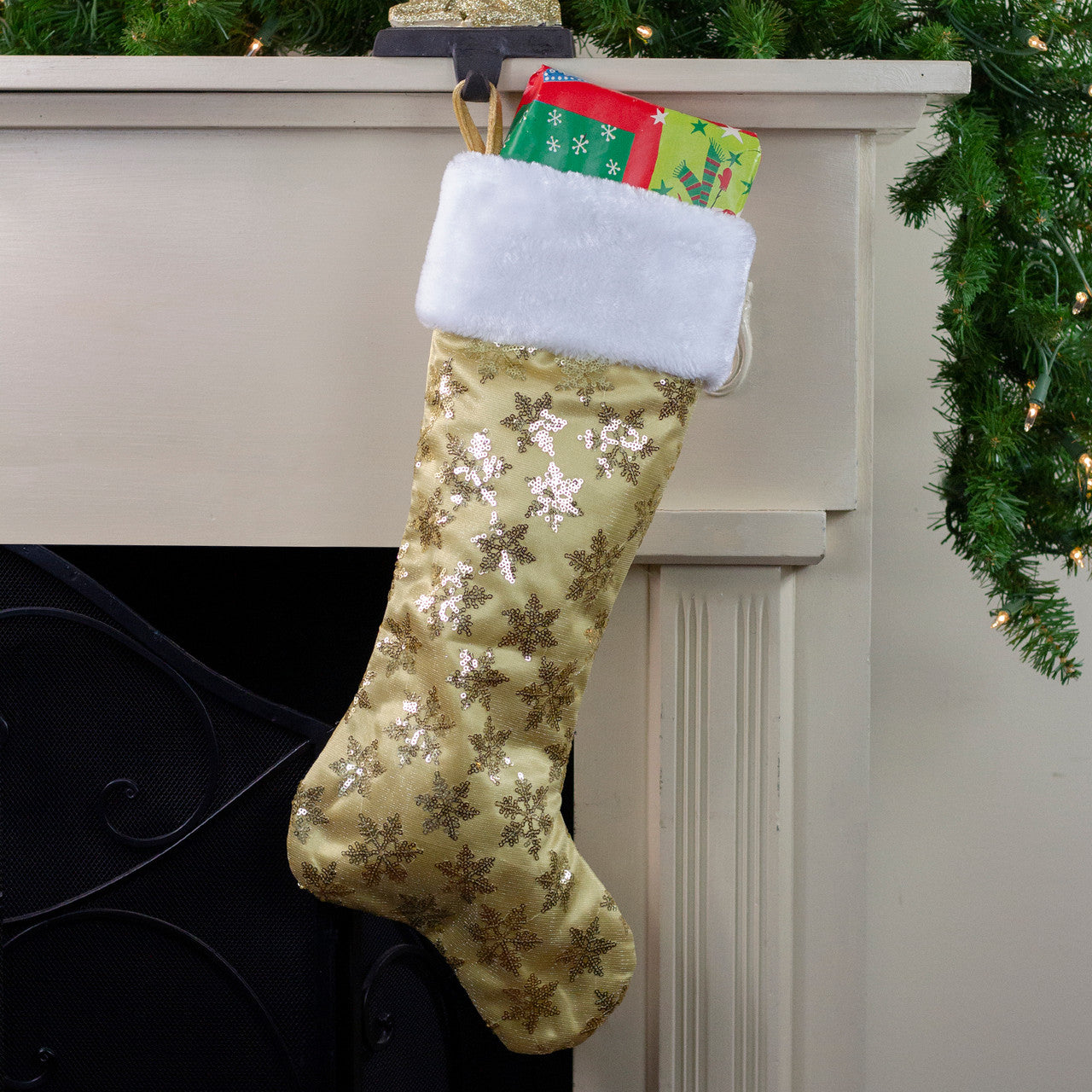 20.5" Gold and White Sequin Snowflake Christmas Stocking