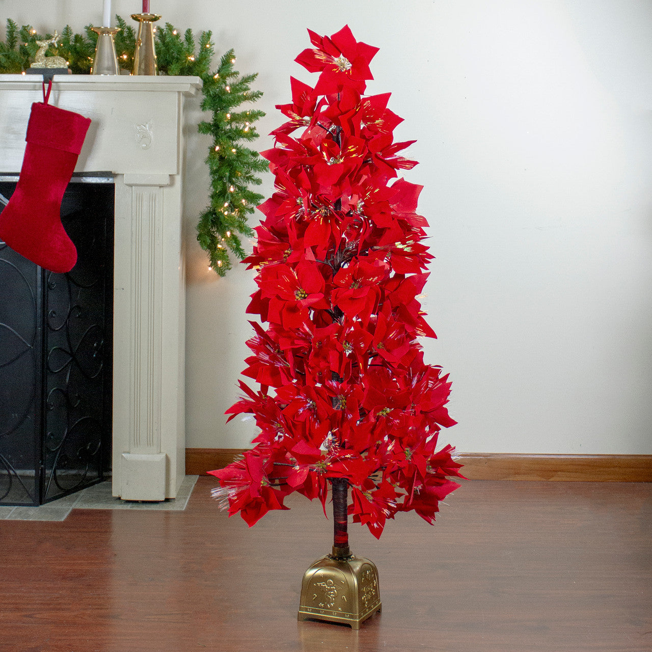 4' Pre-Lit Fiber Optic Color Changing Red Poinsettia Christmas Tree