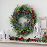 Thumbnail for Iced Red Berries and Mixed Pine Artificial Christmas Wreath - 32 inch, Unllit