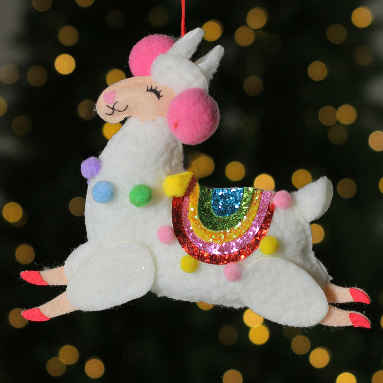 7.5" White Plush Llama with Rainbow Saddle Christmas Ornament