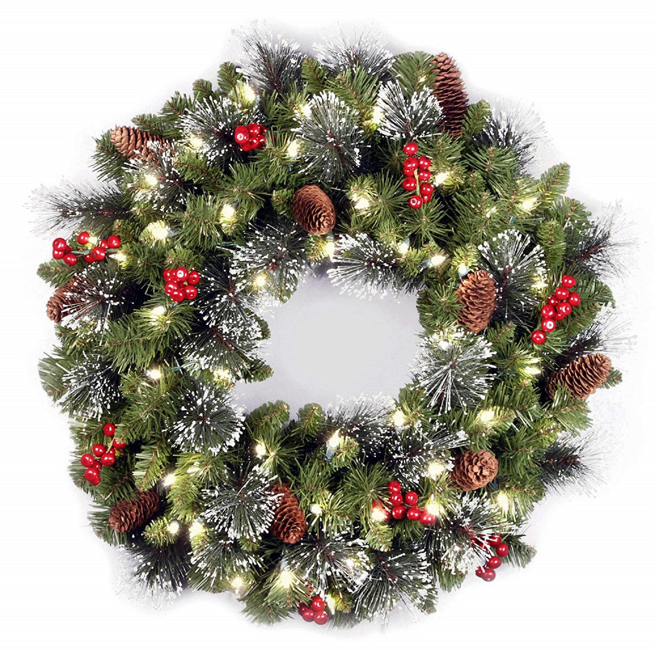 24" Pre-lit Silver Bristle, Pine Cones and Red Berries Battery Operated Artificial Christmas Wreath - LED Lights