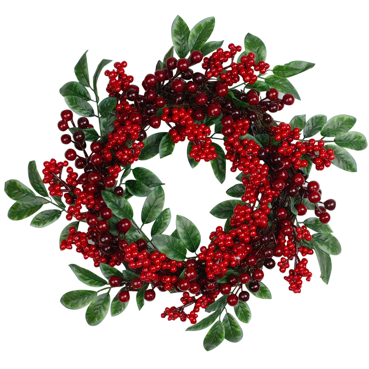 Red Berries and Two-Tone Green Leaves Artificial Christmas Wreath - 18-Inch, Unlit