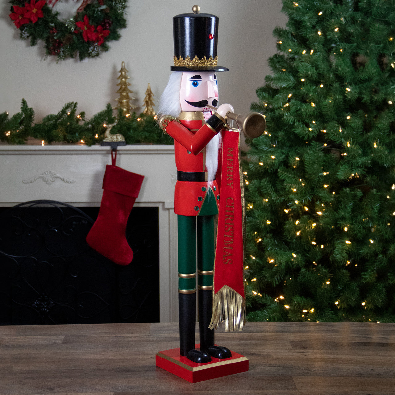 36" Red and Green Christmas Nutcracker Soldier with Horn