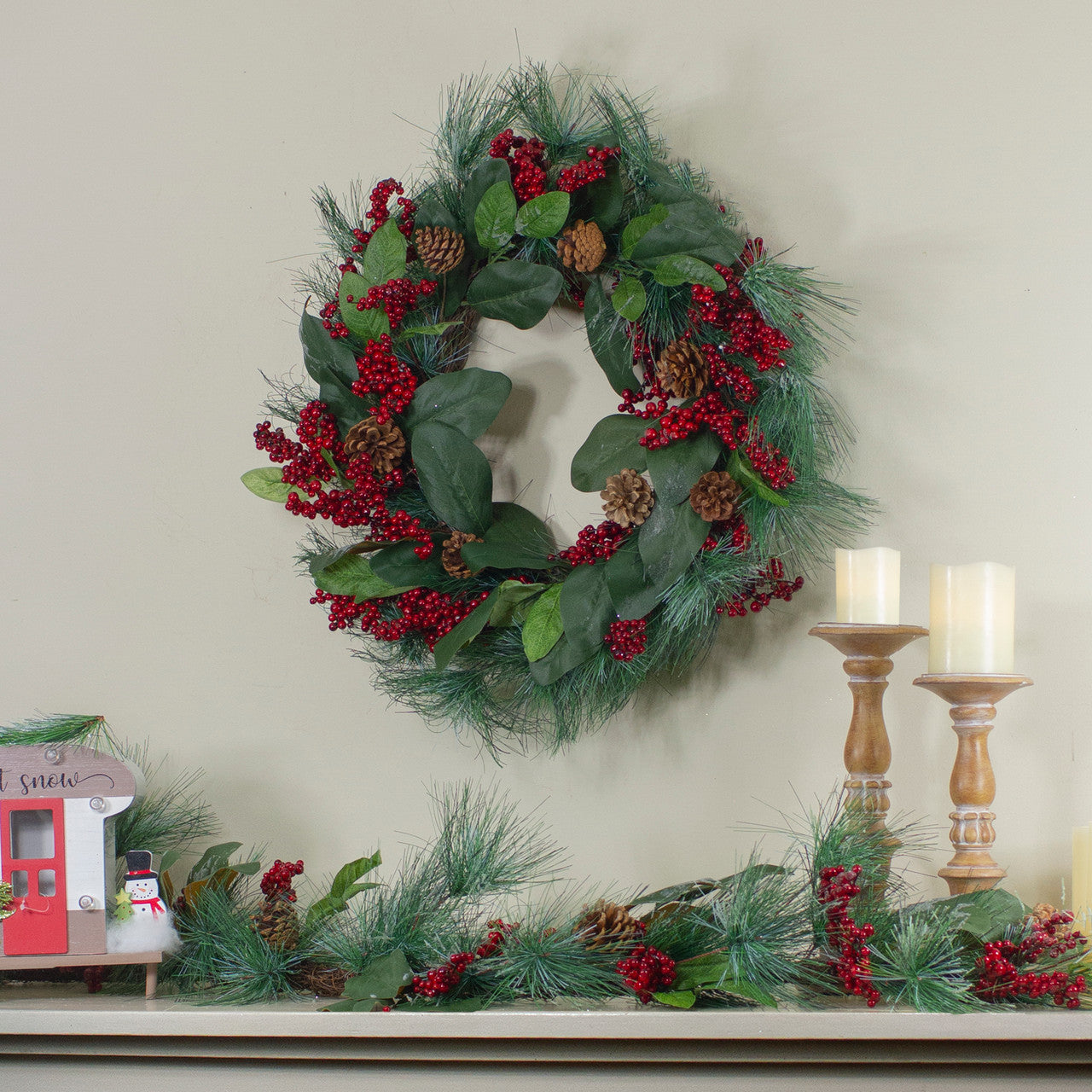 Leaves, Berry and Pine Needle Artificial Christmas Wreath - 24-Inch, Unlit