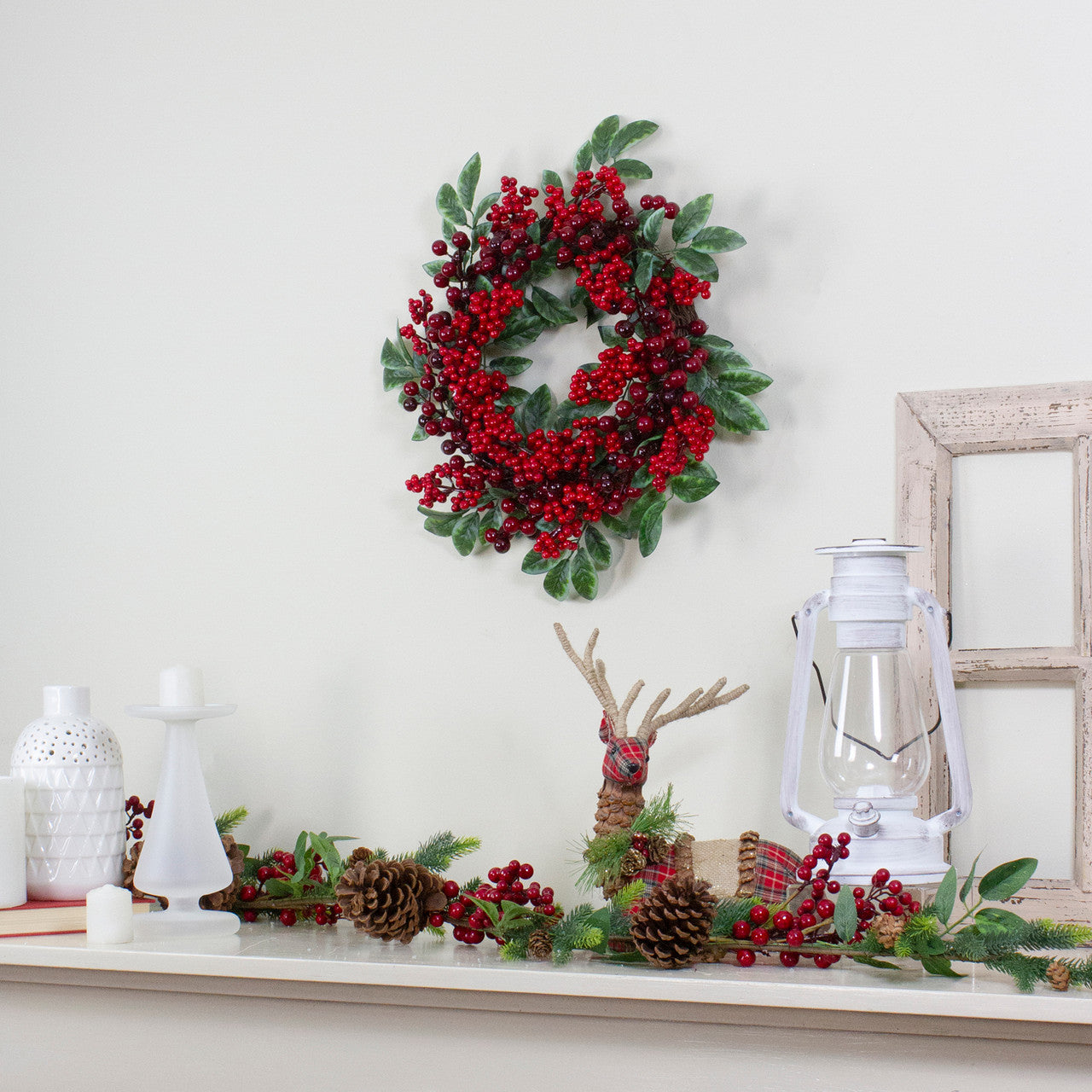 Red Berries and Two-Tone Green Leaves Artificial Christmas Wreath - 18-Inch, Unlit