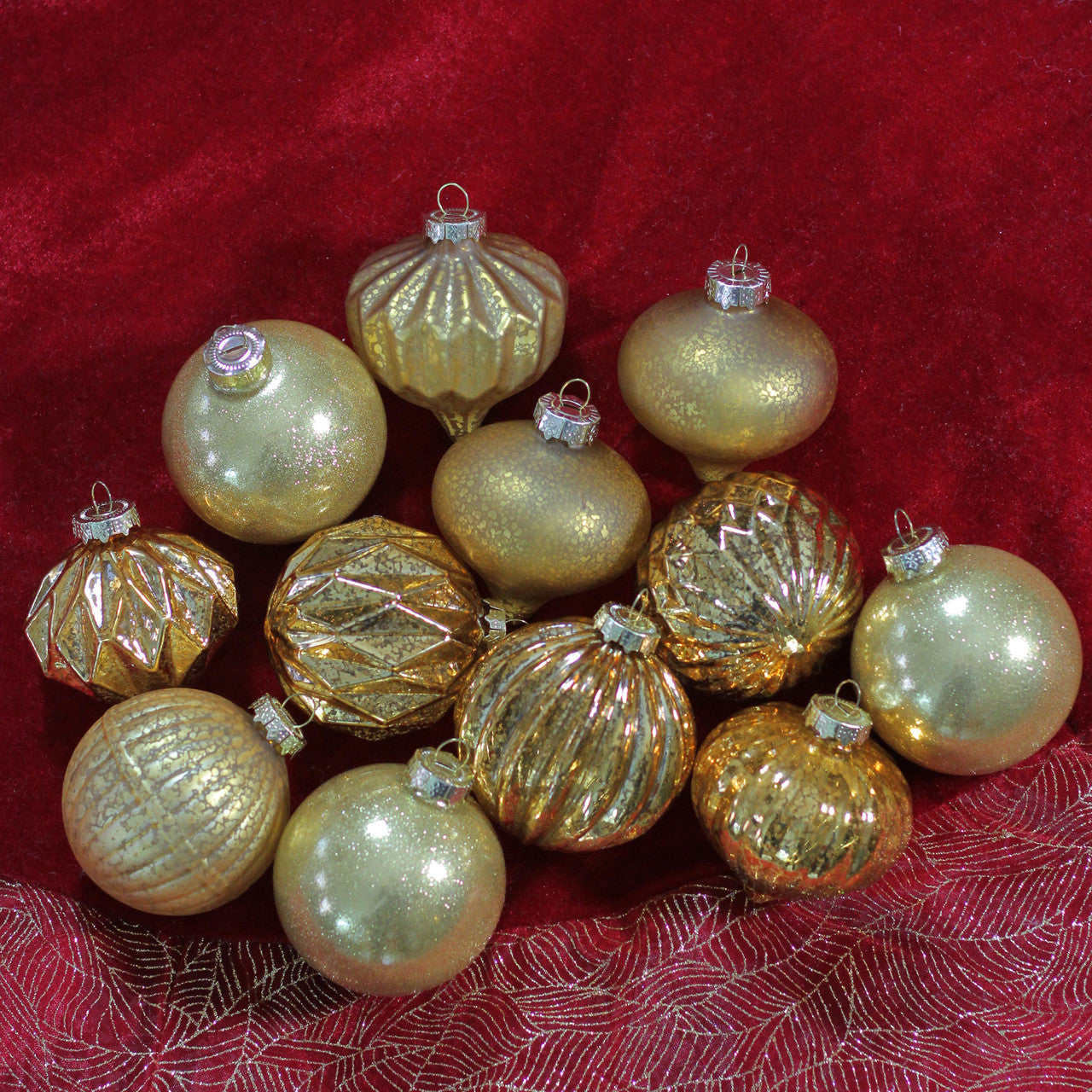 12ct Gold Mercury Glass Style Glass Christmas Ornament Set 3"