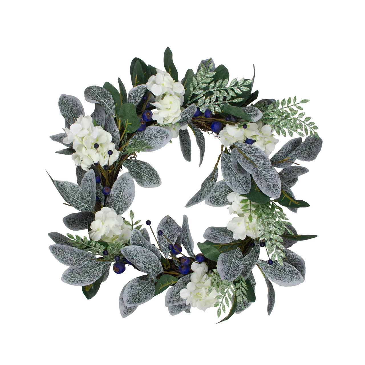 Iced Hydrangeas, Blueberries, and Foliage Artificial Christmas Wreath - 26 Inch, Unlit