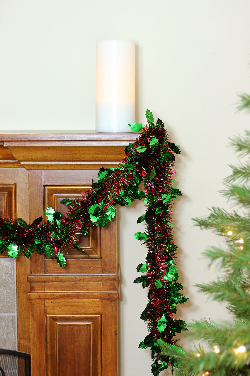 50' Shiny Red Christmas Tinsel Garland with Green Holly - Unlit