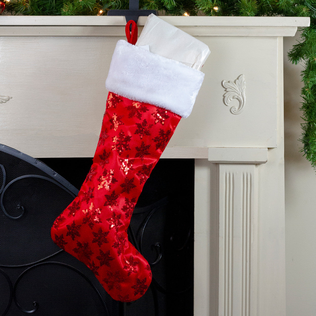 20.5" Red and White Sequin Snowflake Christmas Stocking