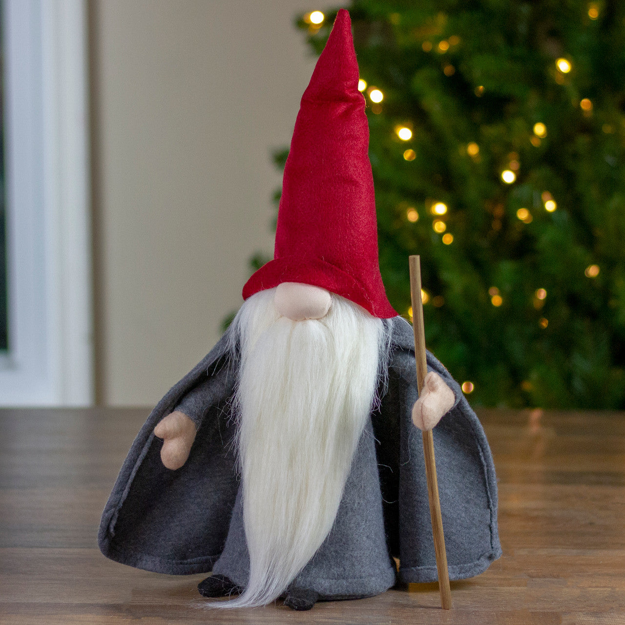 18" Gray and Red Standing Big Nose Gnome Holding a Stick