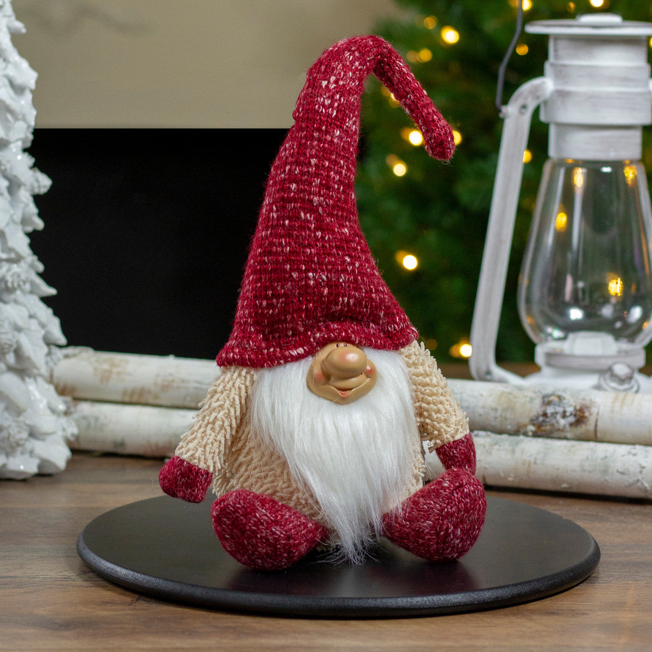 17" Ivory and Red Chubby Smiling Gnome Plush Tabletop Christmas Decoration