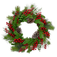 Thumbnail for Holly Berries and Snowy Pinecones Artificial Christmas Wreath - 24-Inch, Unlit