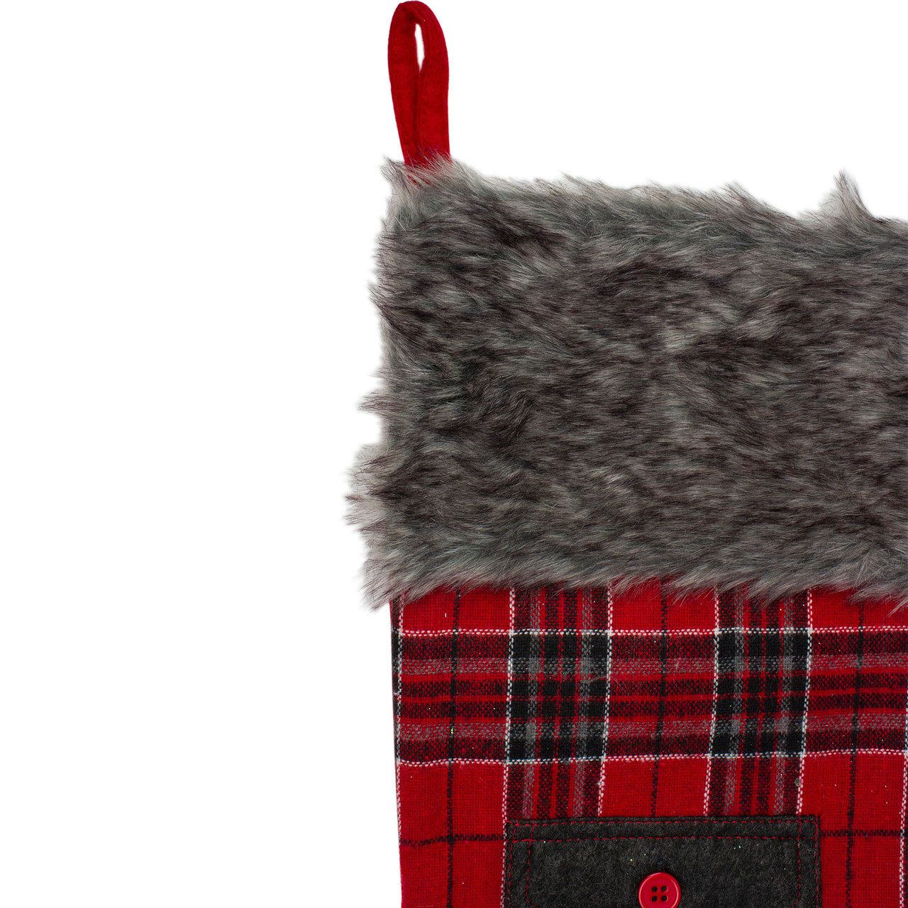 20.5" Red and Black Plaid Christmas Stocking with Pocket and Faux Fur Cuff