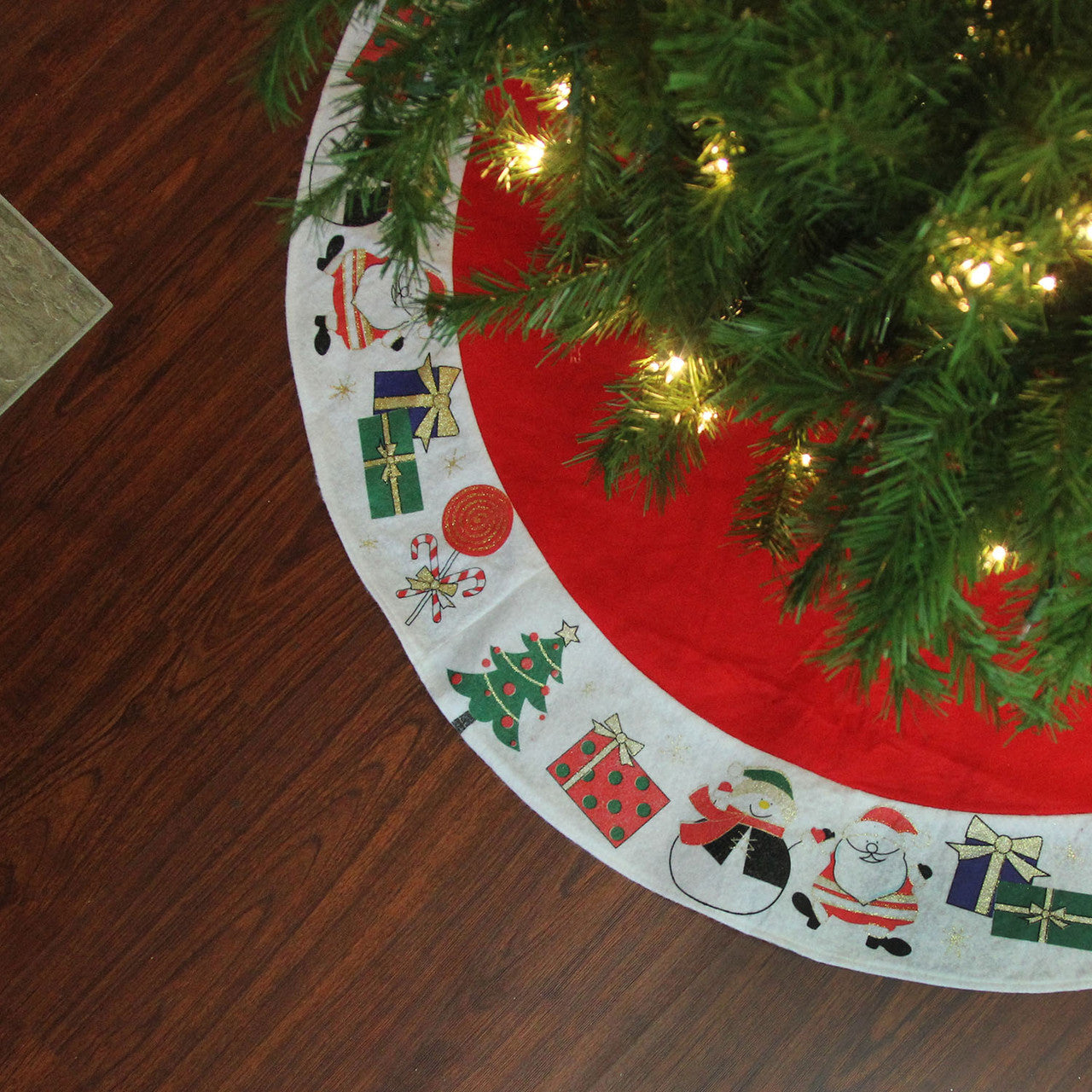 48" Red with White Border Christmas Day Fun and Surprise Christmas Tree Skirt