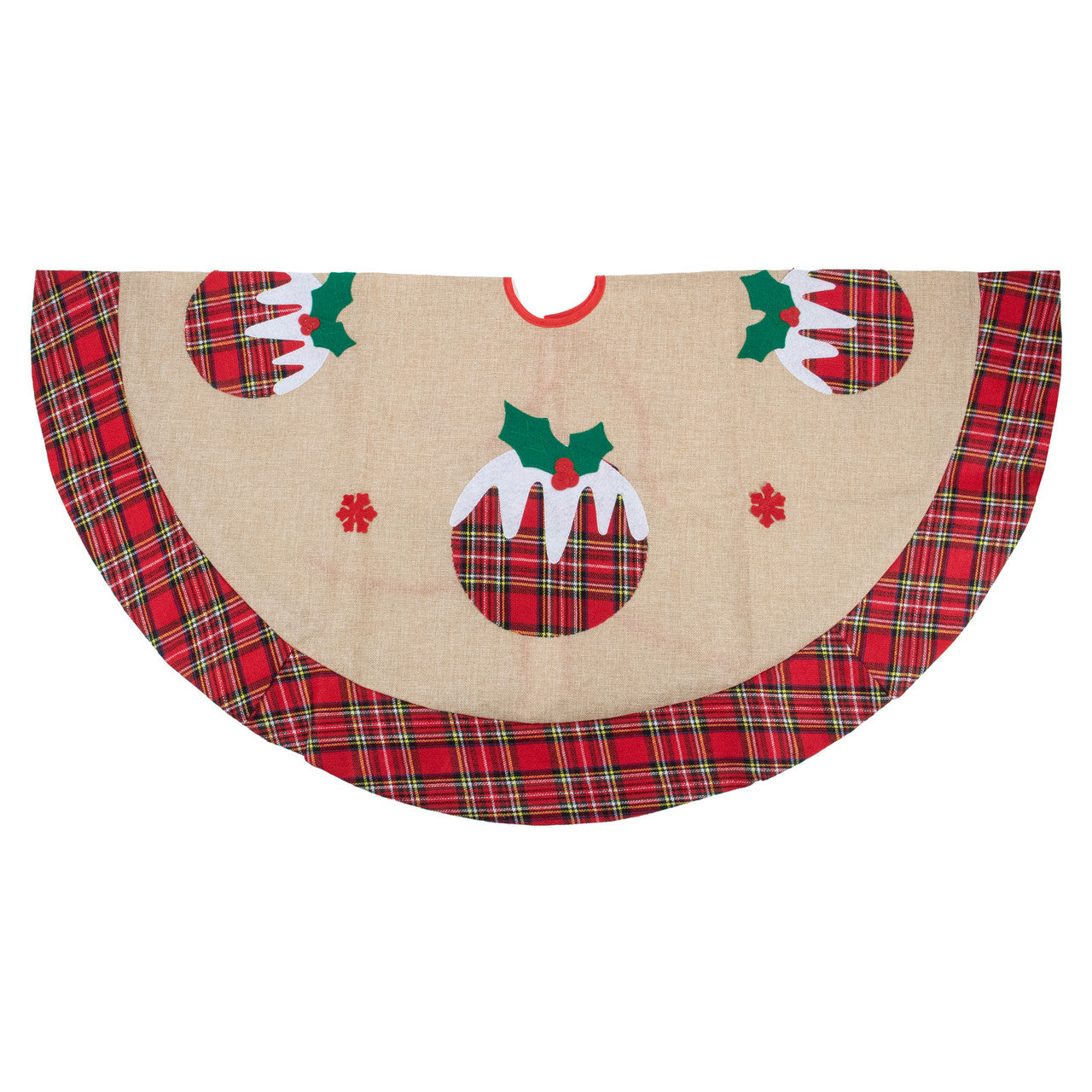 36" Burlap Plaid Tree Skirt with Christmas Puddings