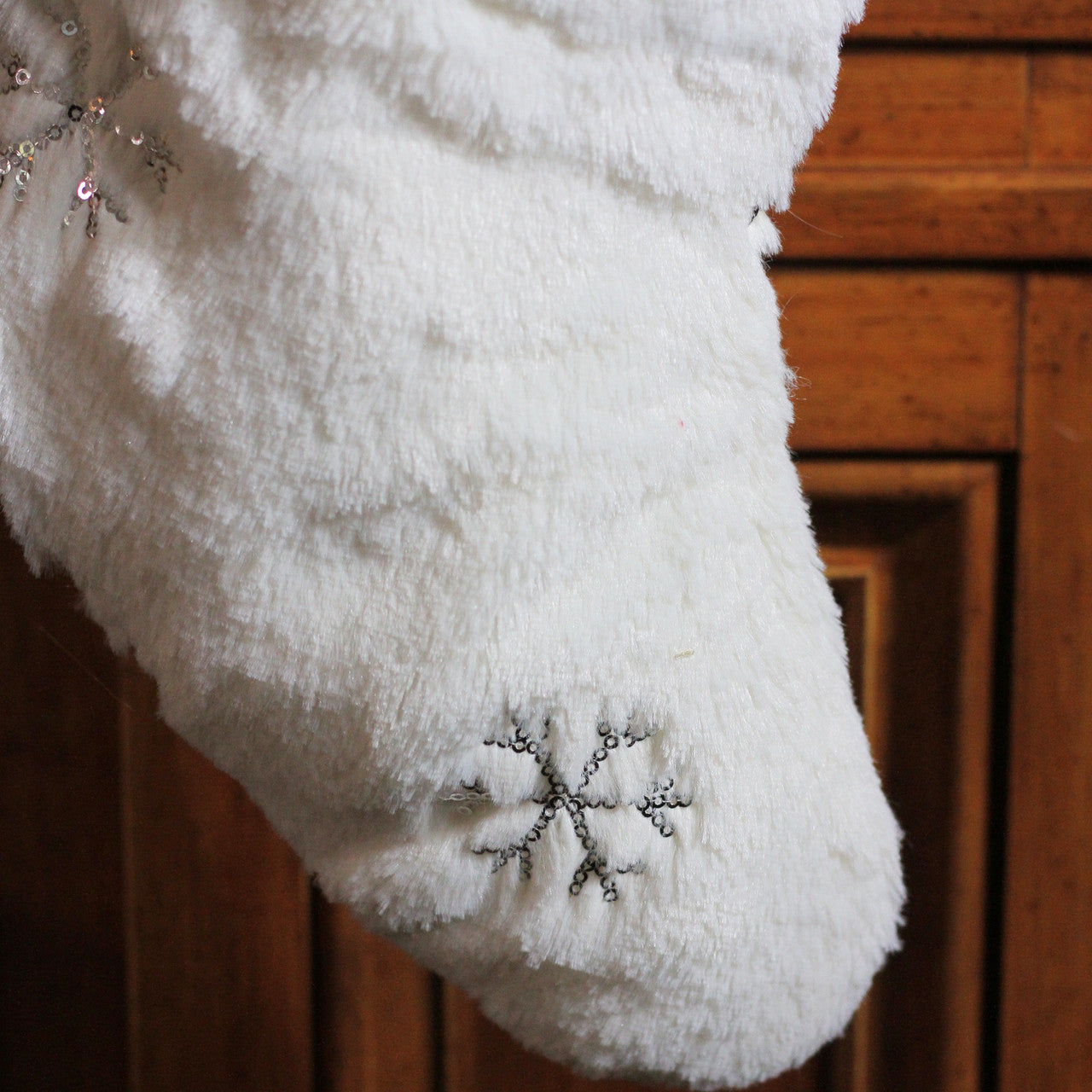 18" White Faux Fur Christmas Stocking with Silver Sequined Snowflakes