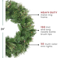 Pre-Lit Mixed Cashmere Pine Artificial Christmas Wreath - 24-Inch, Multi Lights