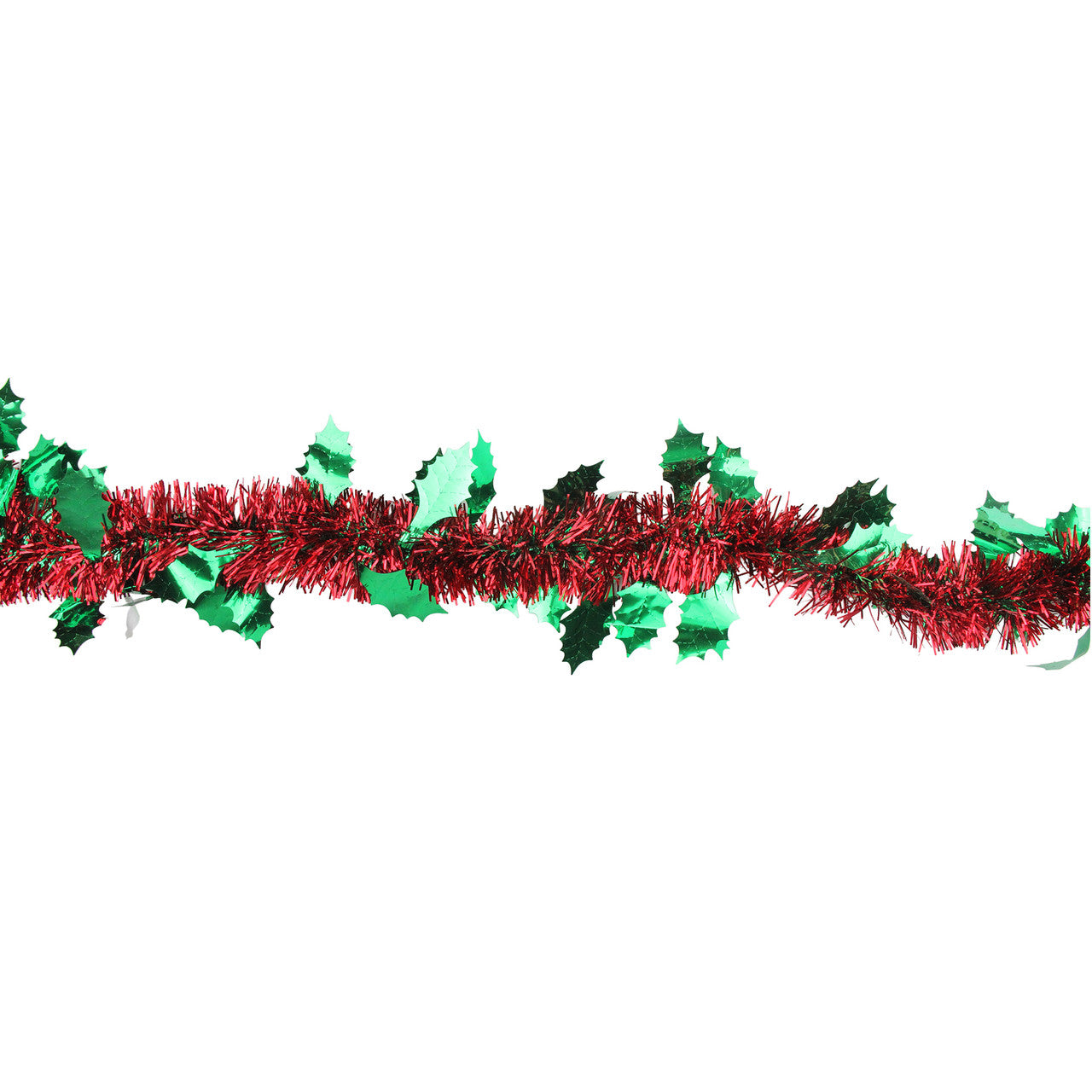 50' Shiny Red Christmas Tinsel Garland with Green Holly - Unlit