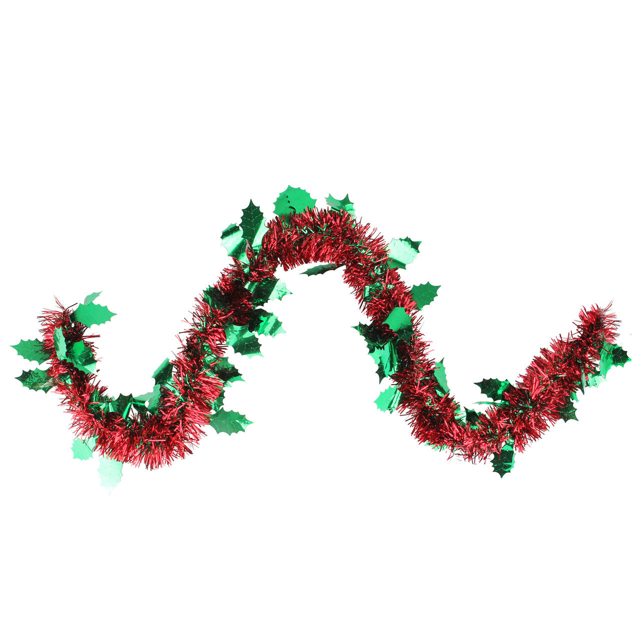 50' Shiny Red Christmas Tinsel Garland with Green Holly - Unlit