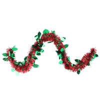 Thumbnail for 50' Shiny Red Christmas Tinsel Garland with Green Holly - Unlit