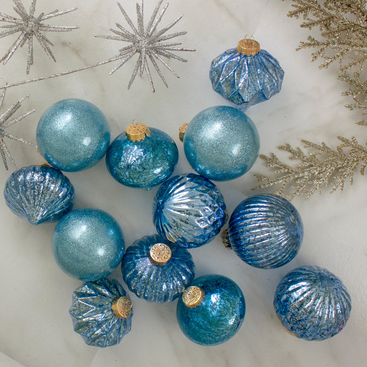 12ct Teal Blue 3-Finish Christmas Ornaments 3.75" (95mm)