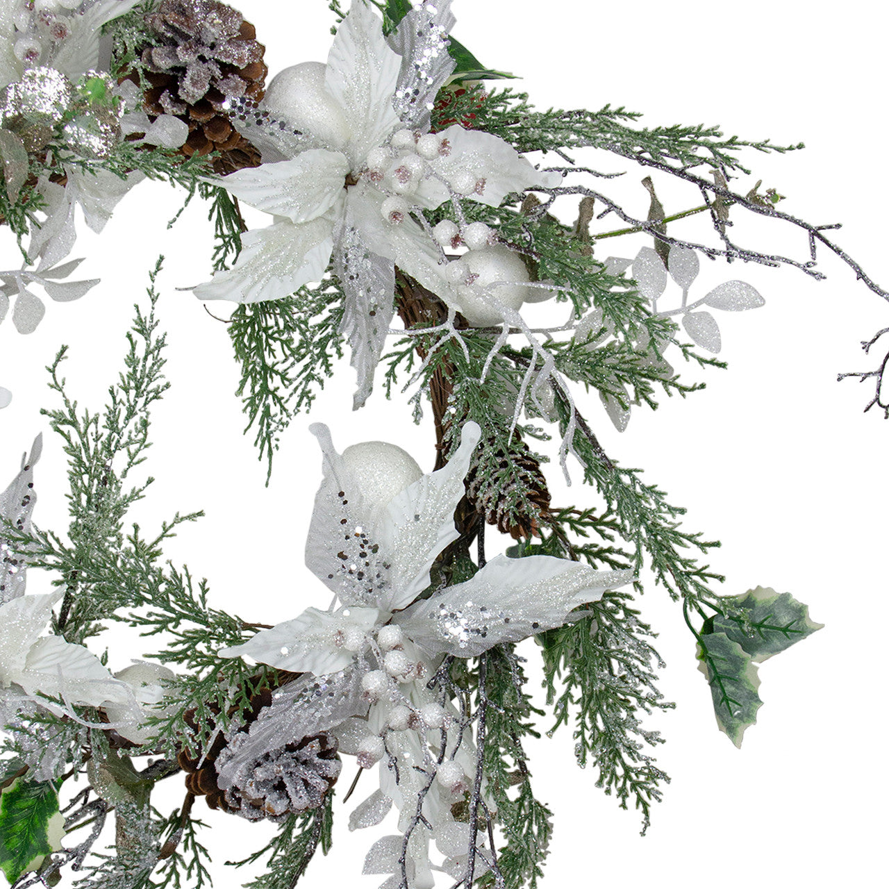 Iced White Poinsettia Artificial Christmas Wreath - 22 inch, Unlit