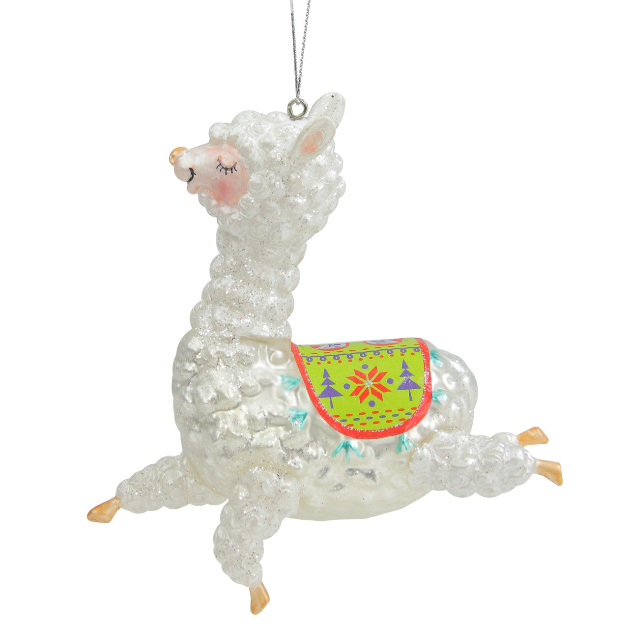 5" White and Green Glittered Regal Jumping Llama Glass Christmas Ornament