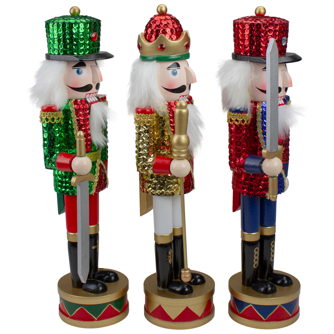 Set of 3 Red Sequin Jacket Wooden Christmas Nutcrackers 14.25"