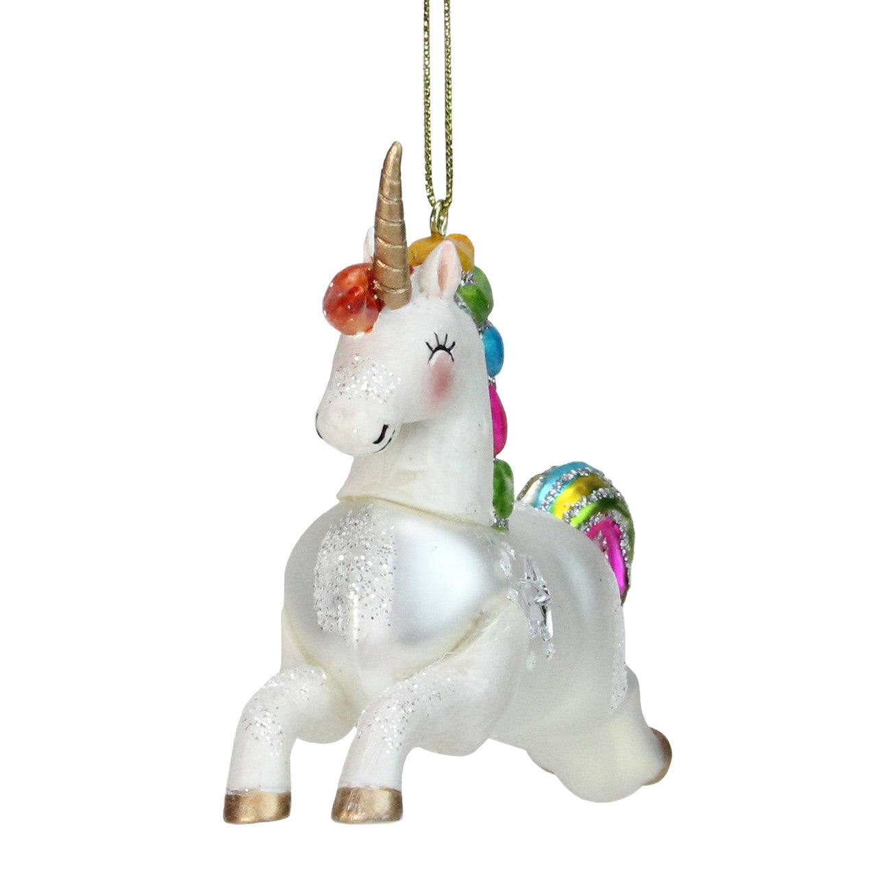 Glittery Rainbow Unicorn Glass Christmas Ornament 4.5"