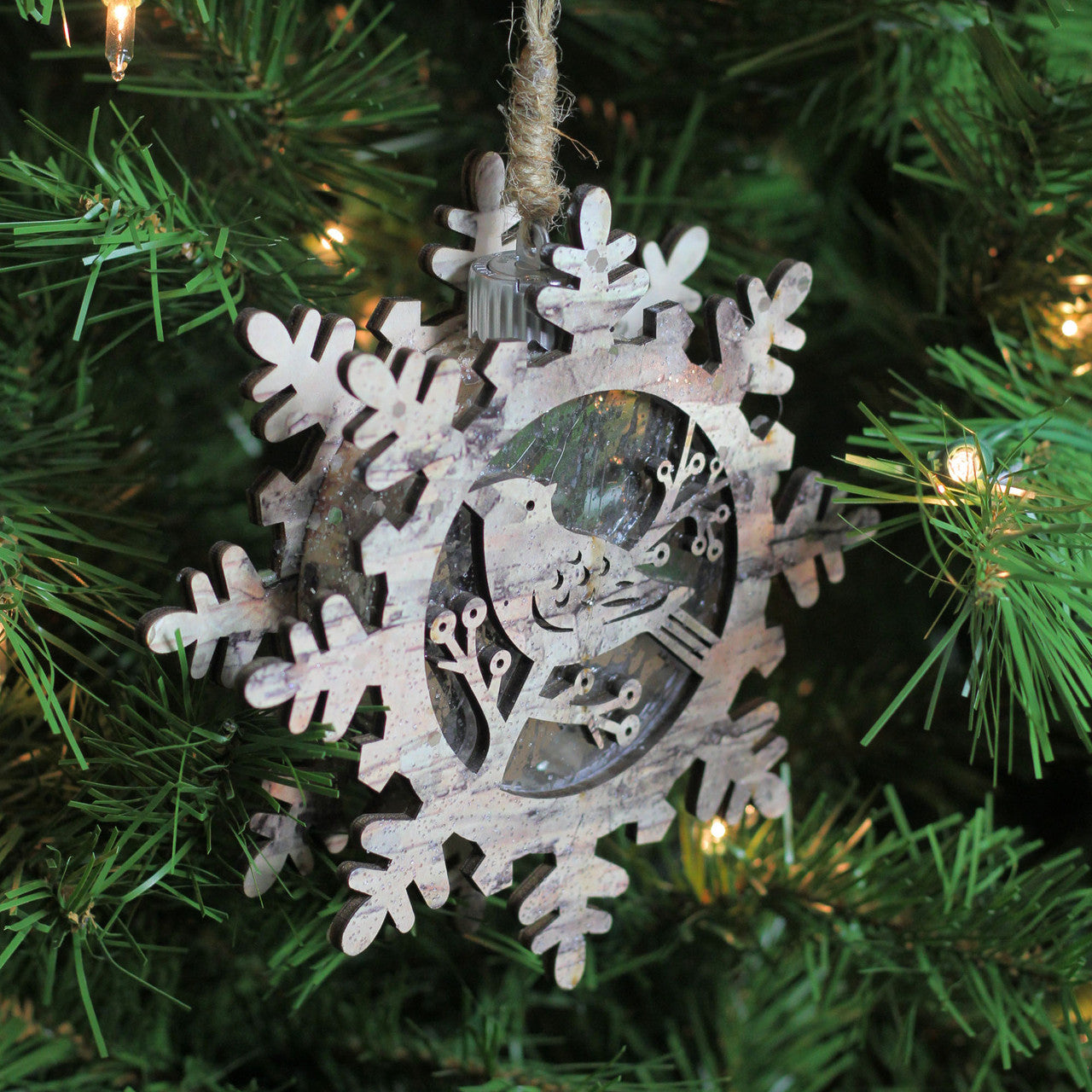 6" Brown and Gray Pre-Lit Snowflake with Bird Christmas Ornament