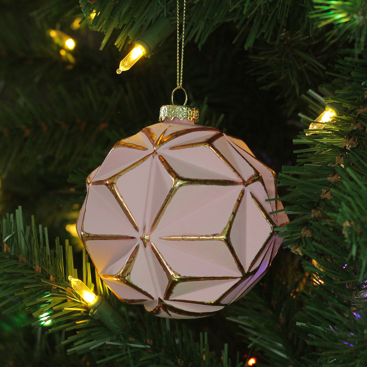 4" Pink and Gold Round 3D Geometric Glass Christmas Ornament