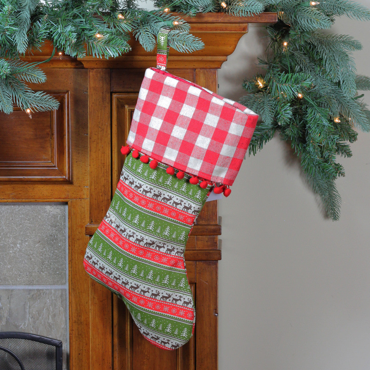 19" Red and Green Rustic Lodge Christmas Stocking