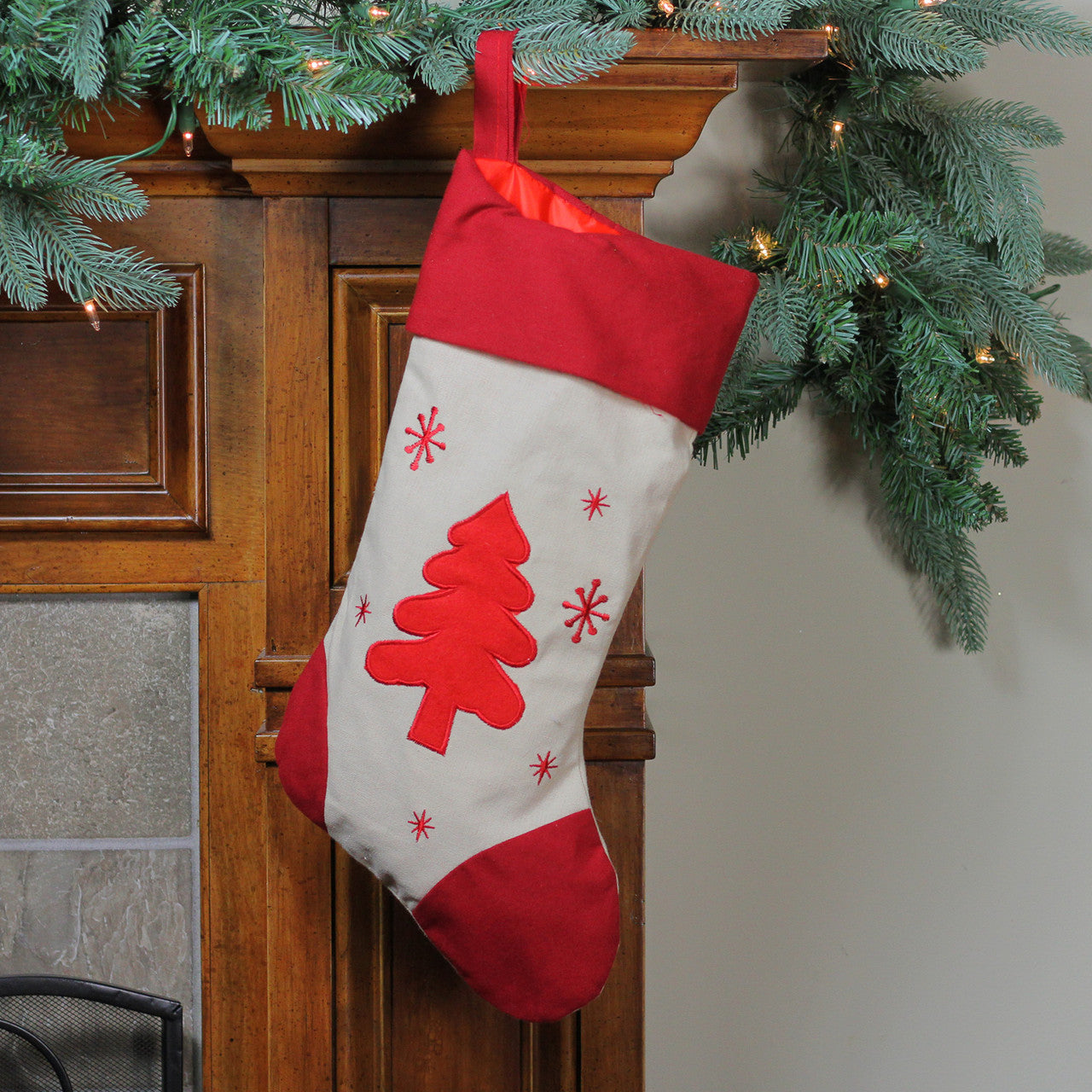 18" Red and Ivory Tree with Snowflakes Christmas Stocking