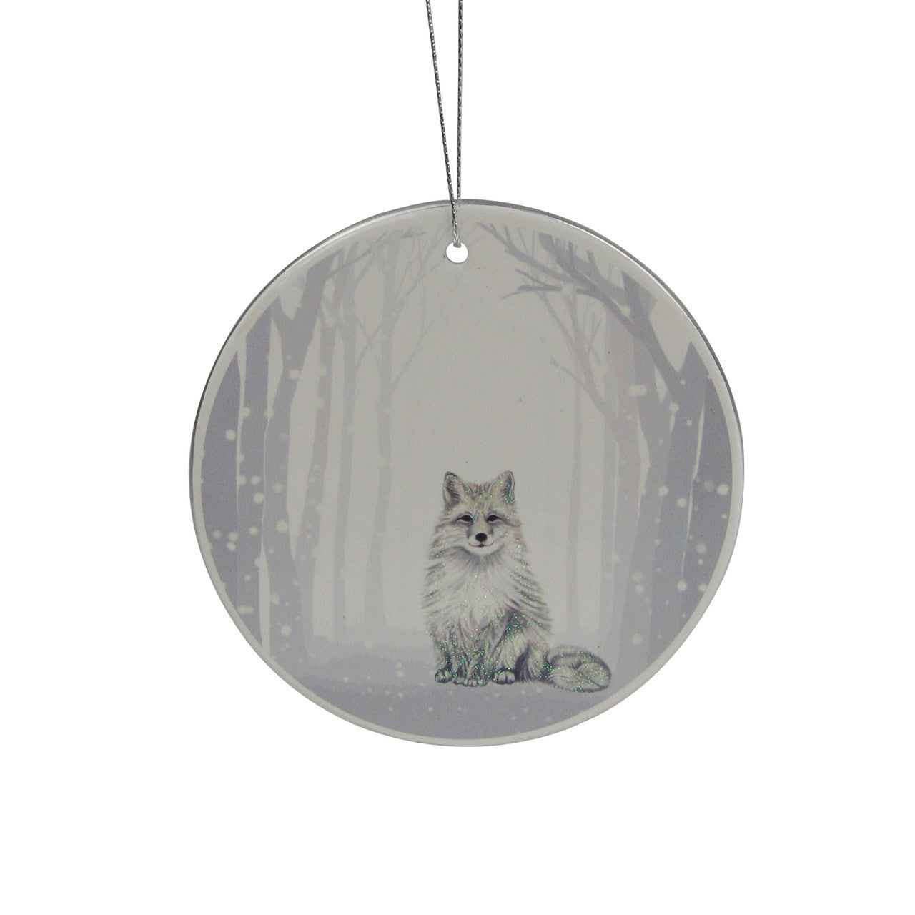 4" White and Silver Arctic Fox Porcelain Disc Christmas Ornament