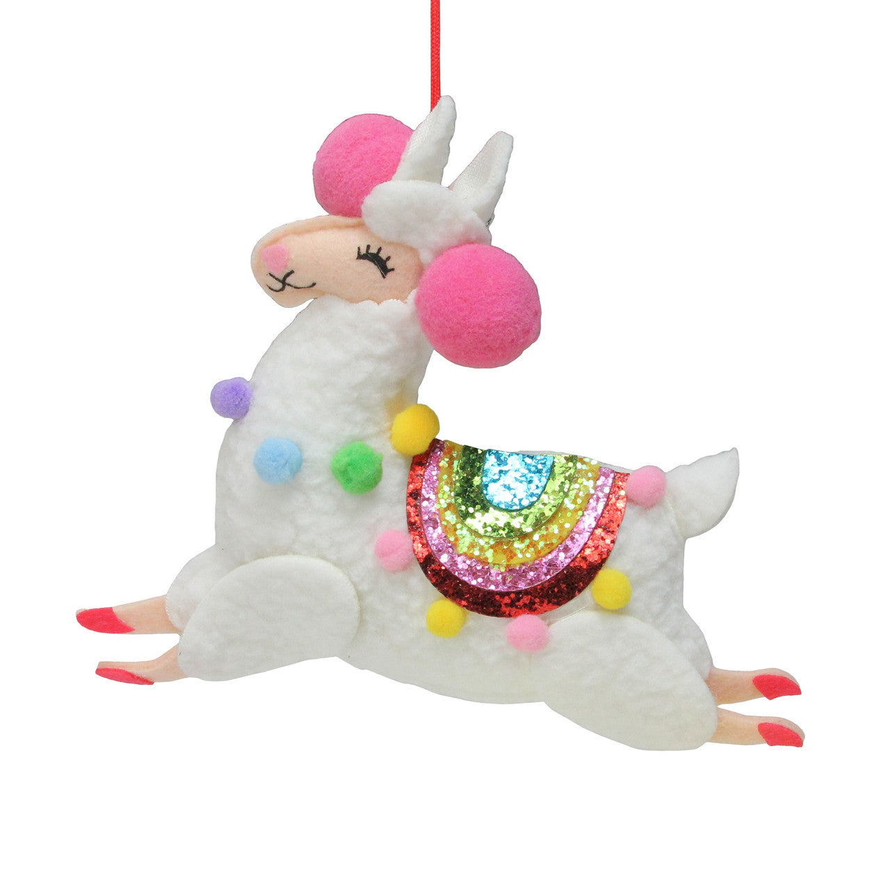 7.5" White Plush Llama with Rainbow Saddle Christmas Ornament