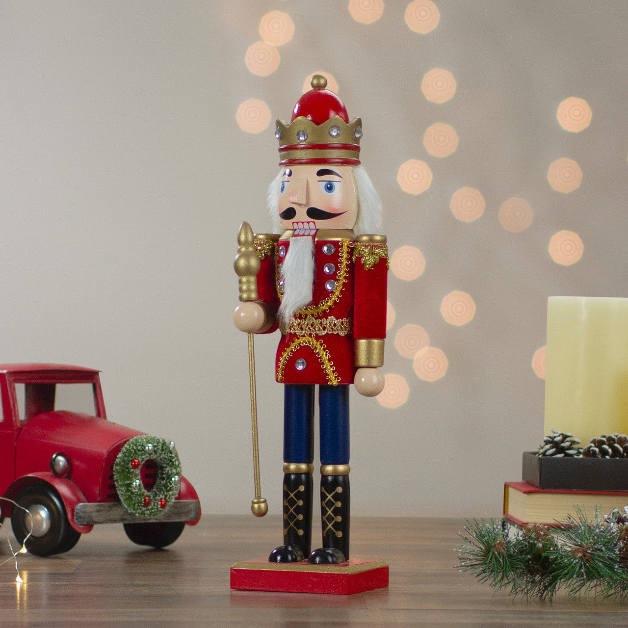 14" Red and Gold Traditional Christmas Nutcracker King with Scepter Tabletop Figurine